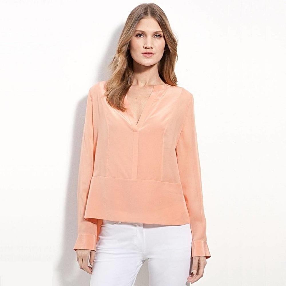 BCBGMAXAZRIA Liberty Split-Neck High-Low Silk Blouse in Blush - Picture 1 of 7